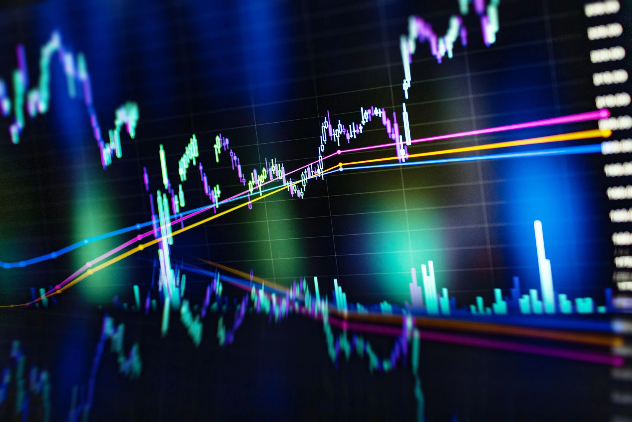 Stock exchange trading charts on dark background